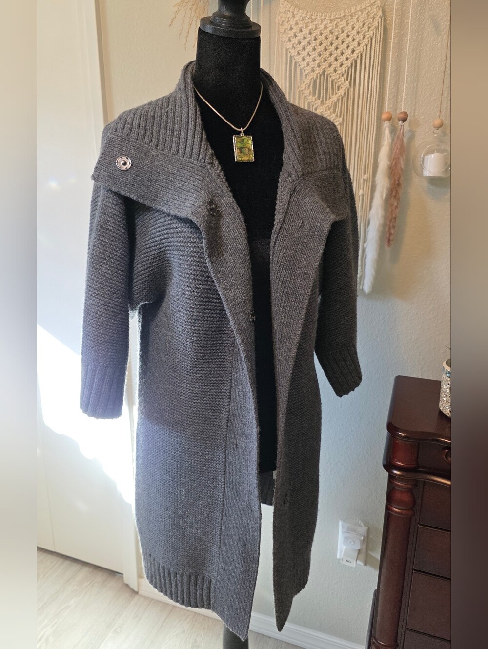 Anne Klein Gray Wool Blend Knit Sweater Coat Cardigan Snap Front Size Small